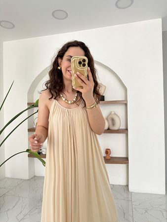 Bej İp Askılı Keten Elbise