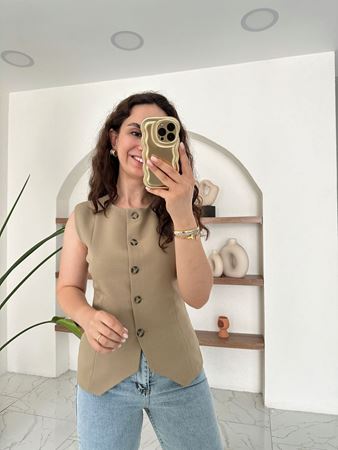 Camel Yuvarlak Yaka Belden Oturan Yelek