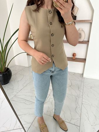 Camel Yuvarlak Yaka Belden Oturan Yelek