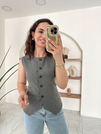 Antrasit Yuvarlak Yaka Belden Oturan Yelek