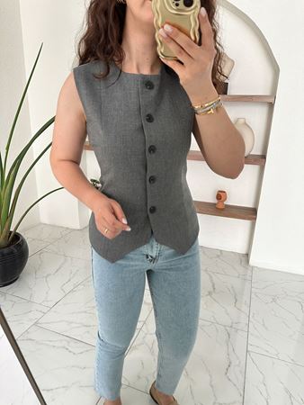 Antrasit Yuvarlak Yaka Belden Oturan Yelek