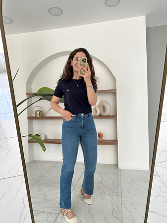 Mavi Kesik Paça Boyfit Jean