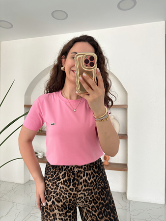 Orijinal Marka Pembe Bisiklet Yaka Basic T-Shirt