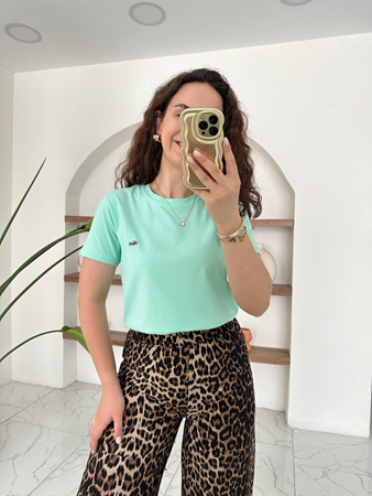 Orijinal Marka Su Yeşili Bisiklet Yaka Basic T-Shirt