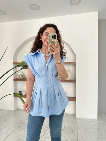 Mavi Pile Detaylı Vatkalı Kolsuz Gömlek
