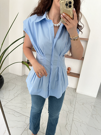 Mavi Pile Detaylı Vatkalı Kolsuz Gömlek