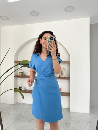 Mavi Drapeli Gömlek Yaka Beli Lastikli Elbise