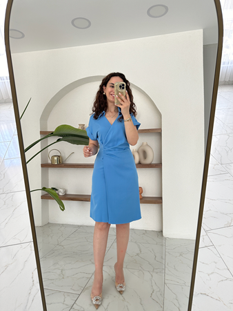 Mavi Drapeli Gömlek Yaka Beli Lastikli Elbise