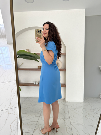 Mavi Drapeli Gömlek Yaka Beli Lastikli Elbise