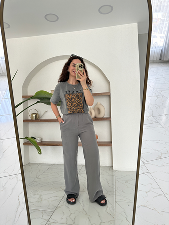 Gri Beli Lastikli Rahat Pantolon