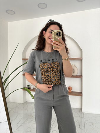 Antrasit Leopar Vogue Basıc T-Shirt