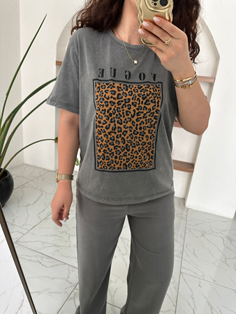 Antrasit Leopar Vogue Basıc T-Shirt