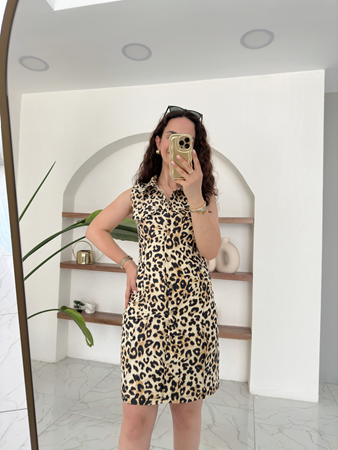 Leopar Sıfır Kol Denim Gömlek Elbise
