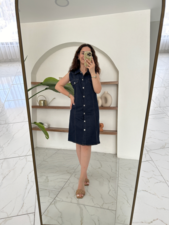 Lacivert Sıfır Kol Denim Gömlek Elbise