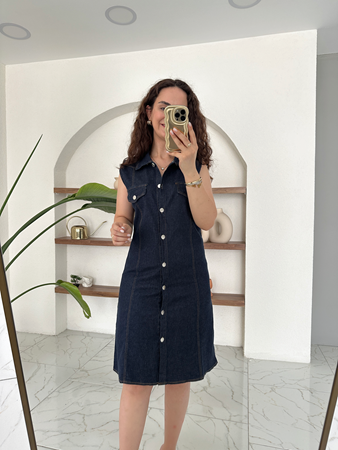 Lacivert Sıfır Kol Denim Gömlek Elbise