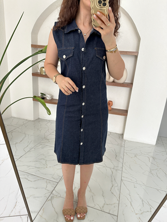 Lacivert Sıfır Kol Denim Gömlek Elbise
