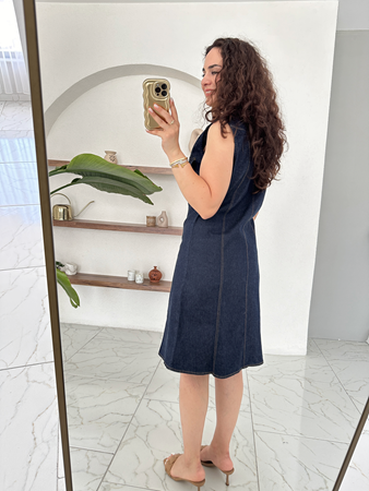 Lacivert Sıfır Kol Denim Gömlek Elbise