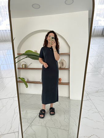 Antrasit Modal Kumaş Basıc Yarım Kol Elbise