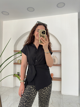 ZR Siyah Bağlama Detaylı Poplin Gömlek