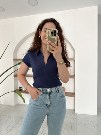 İndigo Polo Yaka Önü Fermuarlı Bluz