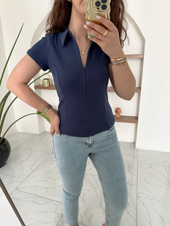 İndigo Polo Yaka Önü Fermuarlı Bluz