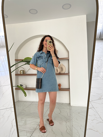 Mavi Polo Yaka Yıkamalı Denim Elbise