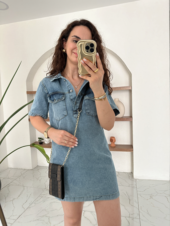 Mavi Polo Yaka Yıkamalı Denim Elbise