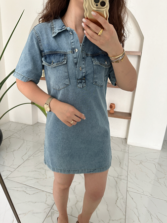 Mavi Polo Yaka Yıkamalı Denim Elbise