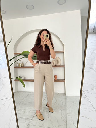 Taş Rengi Kemerli Havuç Pantolon