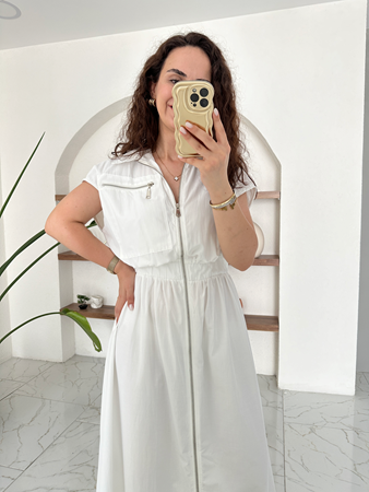 Beyaz Beli Lastikli Silver Fermuarlı Poplin Elbise