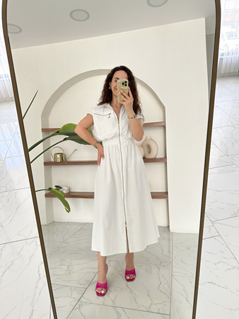 Beyaz Beli Lastikli Silver Fermuarlı Poplin Elbise