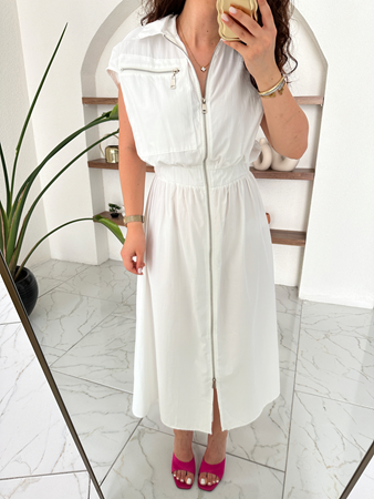Beyaz Beli Lastikli Silver Fermuarlı Poplin Elbise
