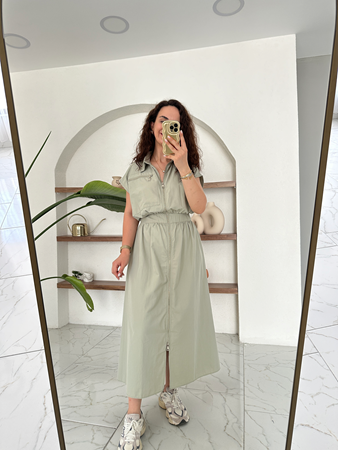 Haki Beli Lastikli Silver Fermuarlı Poplin Elbise