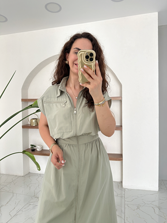 Haki Beli Lastikli Silver Fermuarlı Poplin Elbise