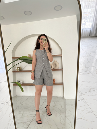 Gri Keten Yelek Şort Takım