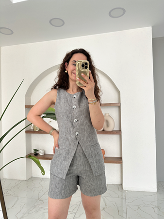 Gri Keten Yelek Şort Takım