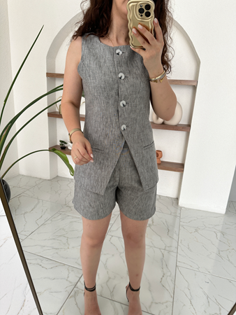 Gri Keten Yelek Şort Takım