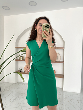 Yeşil Drapeli Kolsuz Elbise