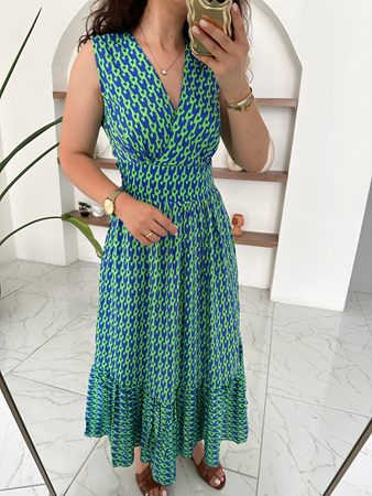 Yeşil Mavi Kruvaze Yaka Kuşaklı Elbise