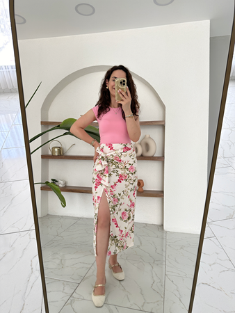 Renkli Desenli Bağlamalı Yırtmaçlı Etek