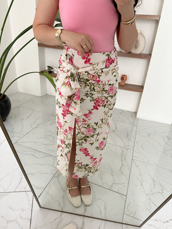 Renkli Desenli Bağlamalı Yırtmaçlı Etek