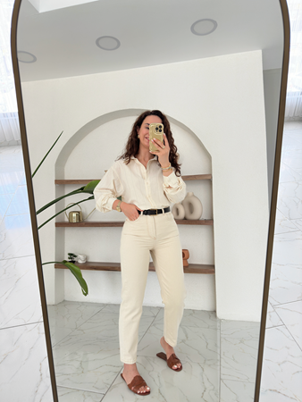 Bej Ultra Yüksek Bel Balon Mom Jean