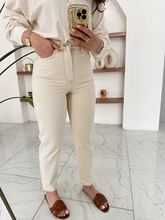 Bej Ultra Yüksek Bel Balon Mom Jean