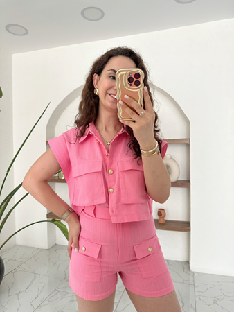 Pembe Gold Düğme Detaylı Şort&Gömlek Takım
