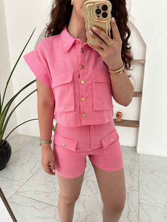 Pembe Gold Düğme Detaylı Şort&Gömlek Takım