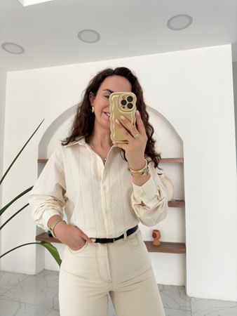 Bej Siyah Çizgili Dokulu Keten Gömlek