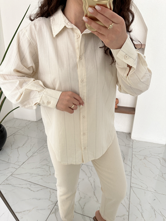 Bej Siyah Çizgili Dokulu Keten Gömlek