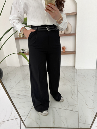 Siyah Çift Kemer Detaylı Palazzo Kumaş Pantolon