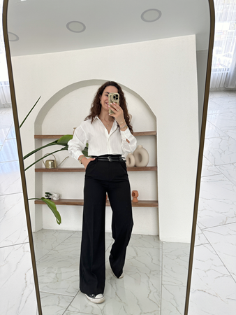 Siyah Çift Kemer Detaylı Palazzo Kumaş Pantolon