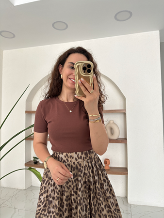 Kahverengi Yarım Kollu Penye Crop